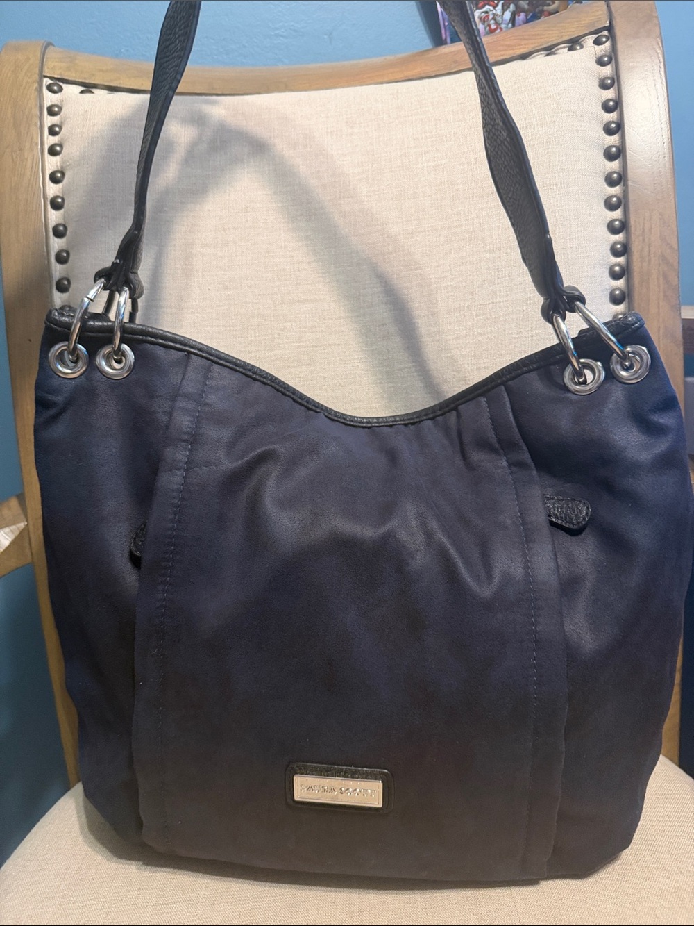 Laura Scott Navy Shoulder Hobo Tote with Silver Hardware